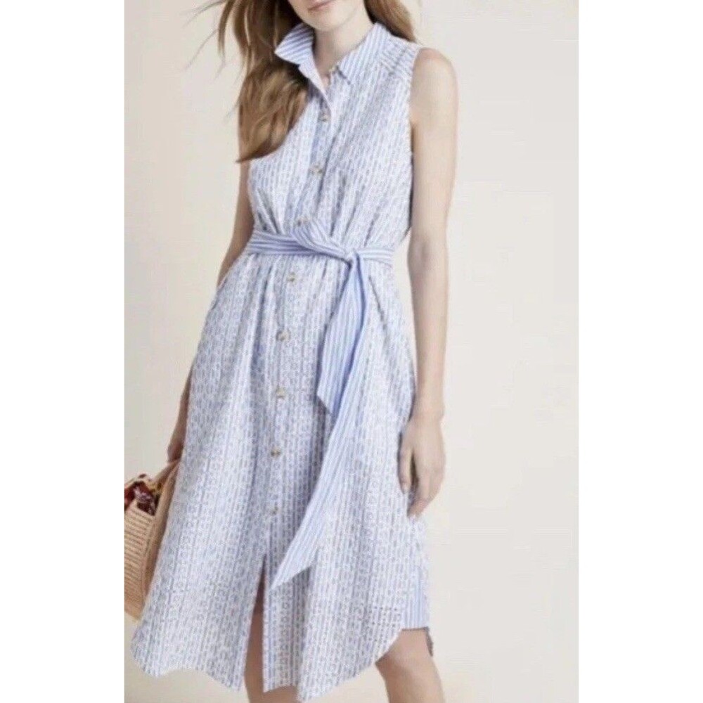 Anthropologie Kismet White & Blue Striped Eyelet Midi Shirt Dress Size 10